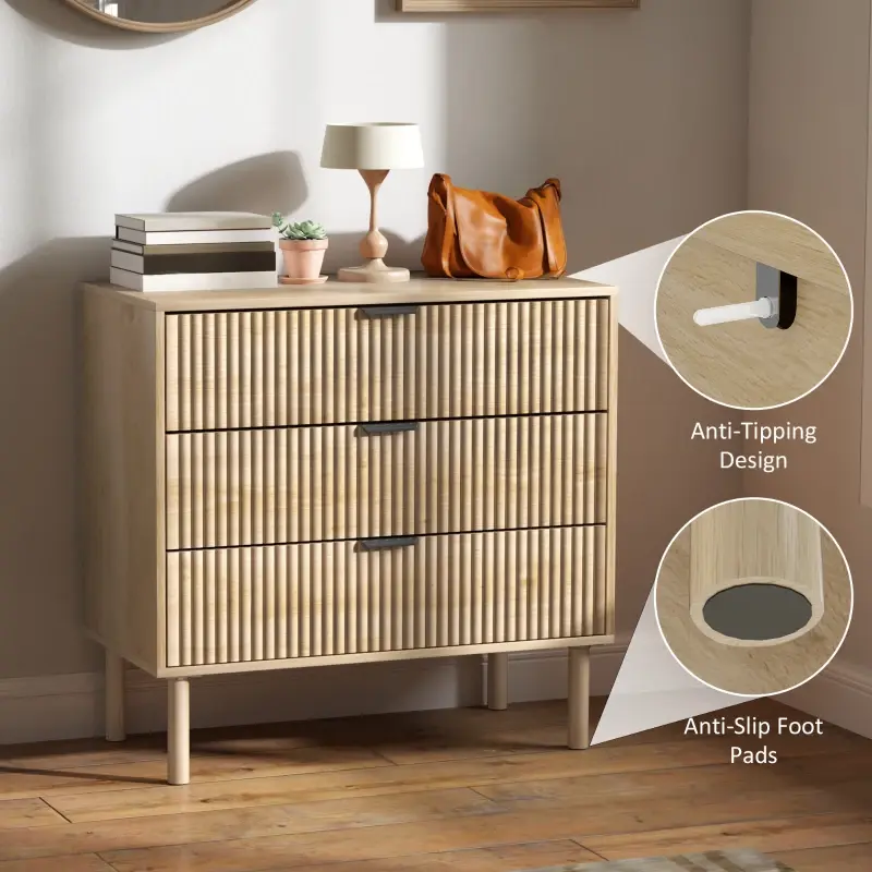 Thumbnail: Bedroom Chest of Drawers, 3 Drawer Dresser with Fluted Panels & Solid Wood Legs