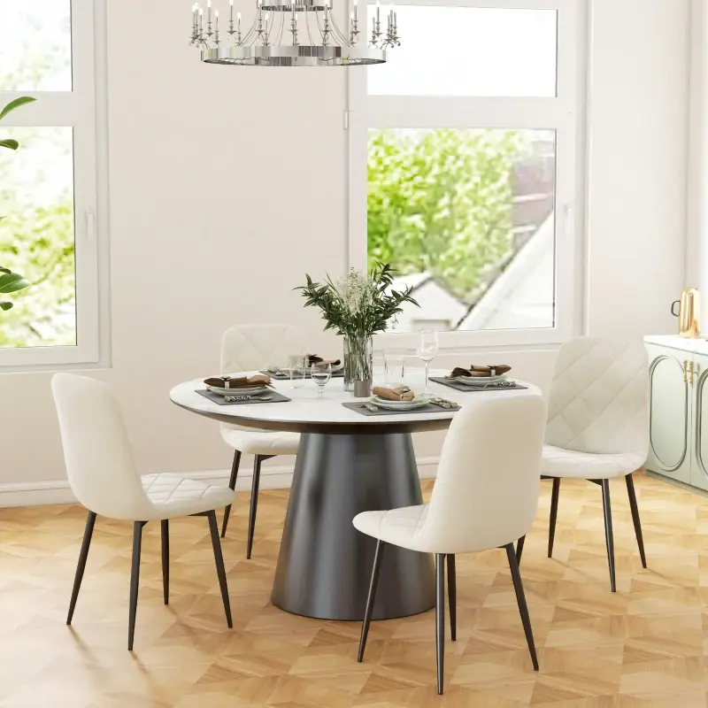 Thumbnail: Upholstered Dining Room Chair in cream color with Steel Legs