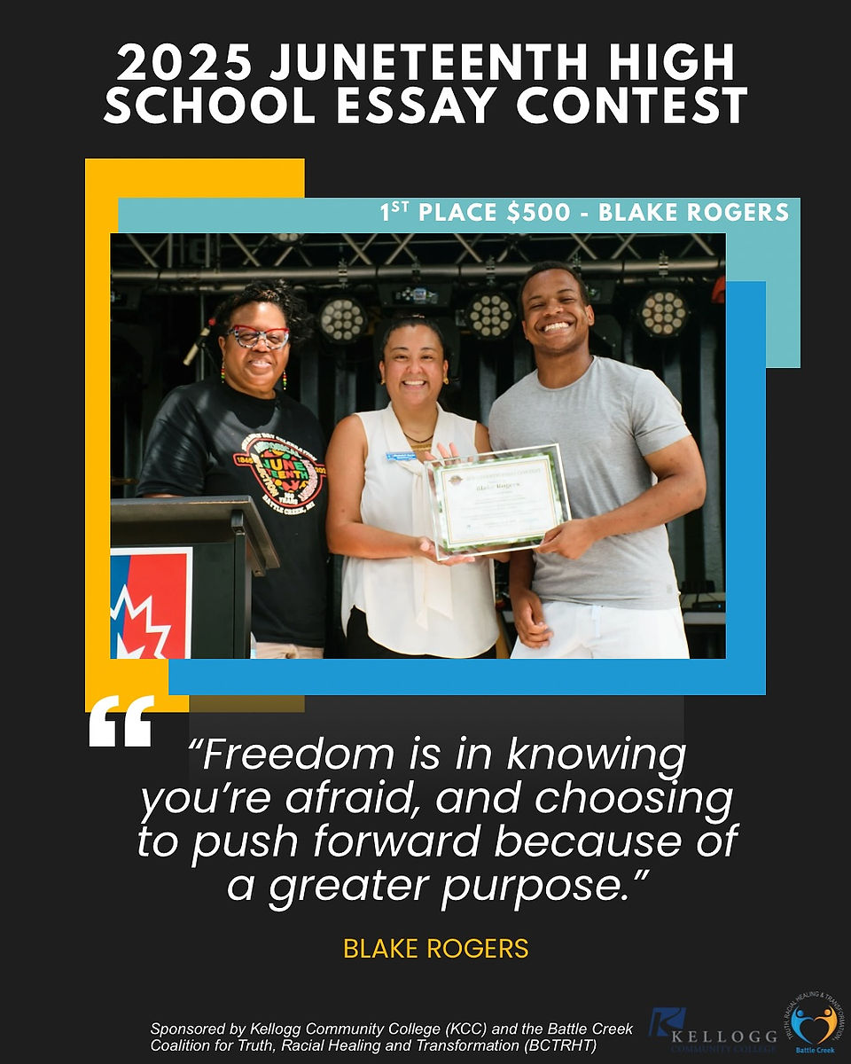 Blake Rogers, first place winner, smiles while holding his essay award certificate alongside two community leaders at the Juneteenth celebration.