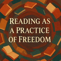 Digital illustration of books swirling in a spiral pattern, moving outward like a galaxy. The colors are warm and inviting—deep purples, soft golds, coral pinks, and muted teals—evoking a sense of reflection, imagination, and emotional depth. In the center, the title reads “Reading as a Practice of Freedom” in clean, modern lettering.