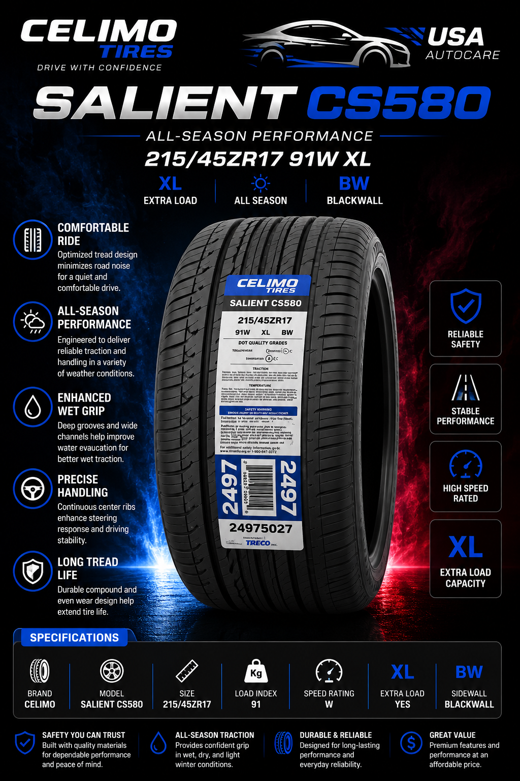 CELIMO Salient CS580 215/45ZR17 91W XL All-Season Tire