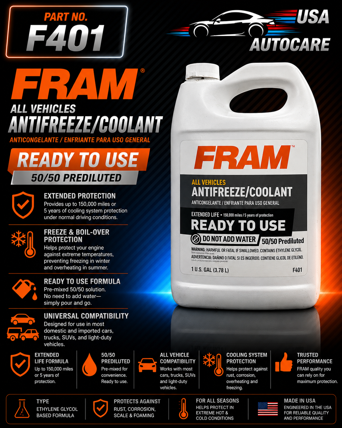 FRAM All Vehicles Antifreeze/Coolant - Ready To Use 50/50 Prediluted