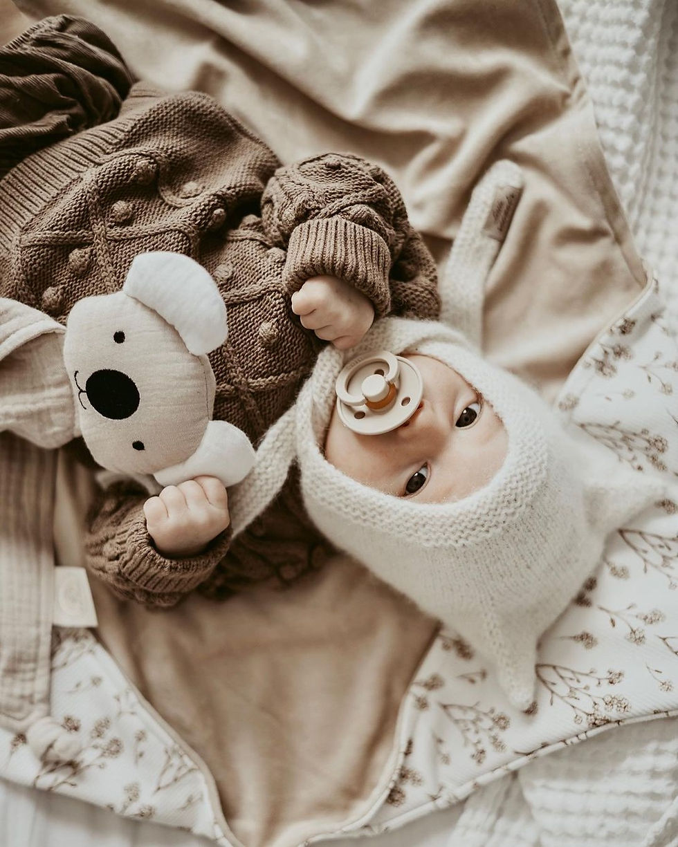 Thumbnail: Newborn photoprops Hand knitted baby merino bonnet hat unique christmas baby shower gift