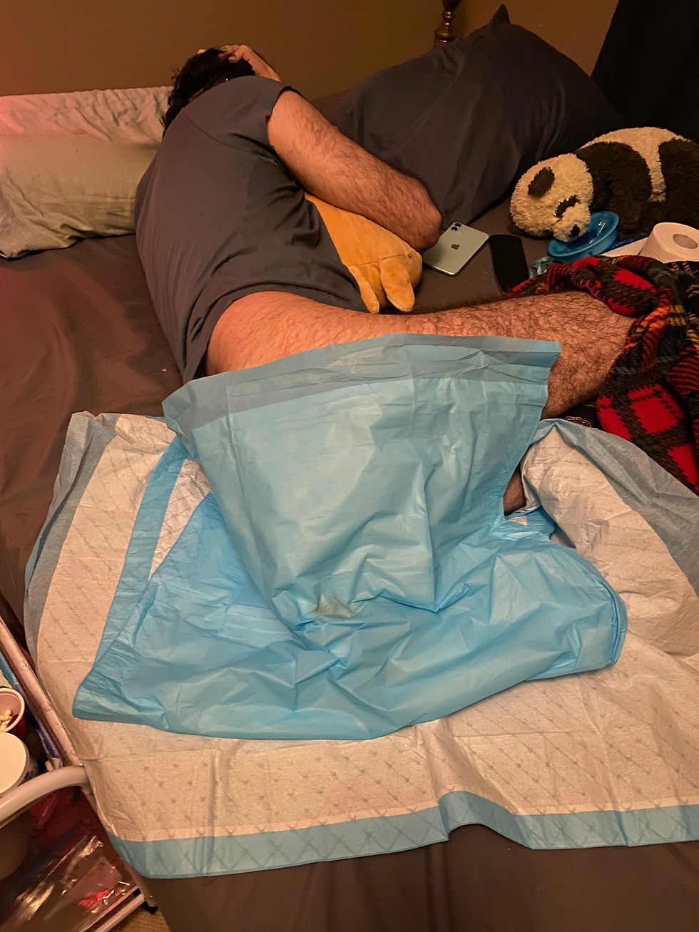 James is ready to be cleaned up. The top pad is soiled. He's wearing an eye mask so I could turn on the light and clean him up.