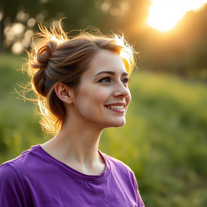 fresh air, nature, woman in purple tshirt standing in distance, looking away, with face to