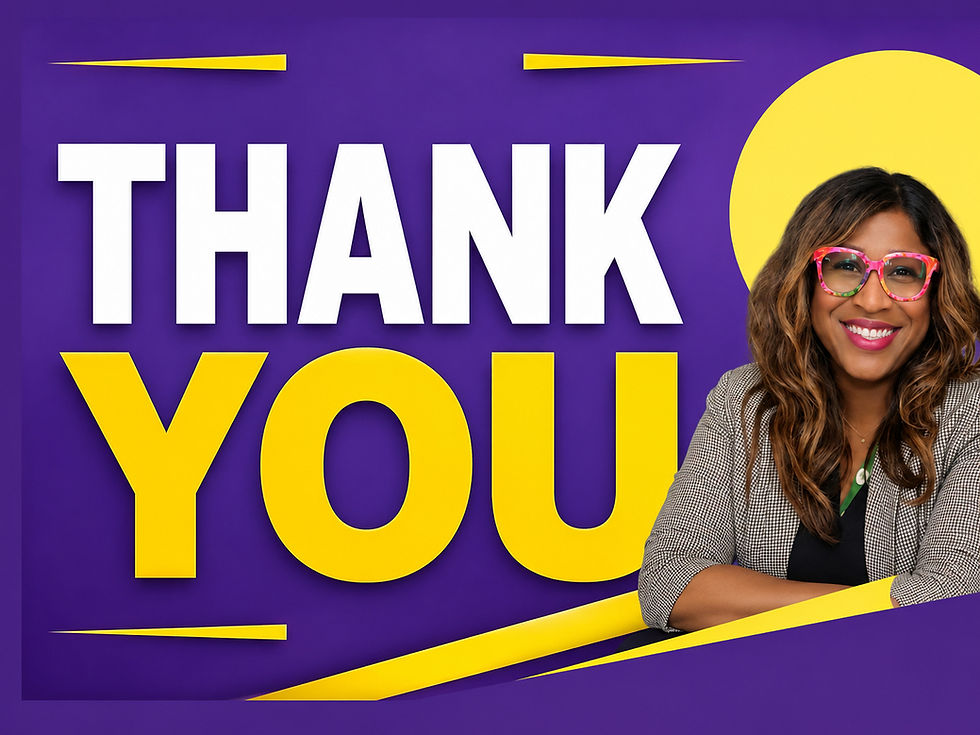 Trina Kolawole thank you graphic in purple and yellow after Clayton County Board of Education District 9 campaign.