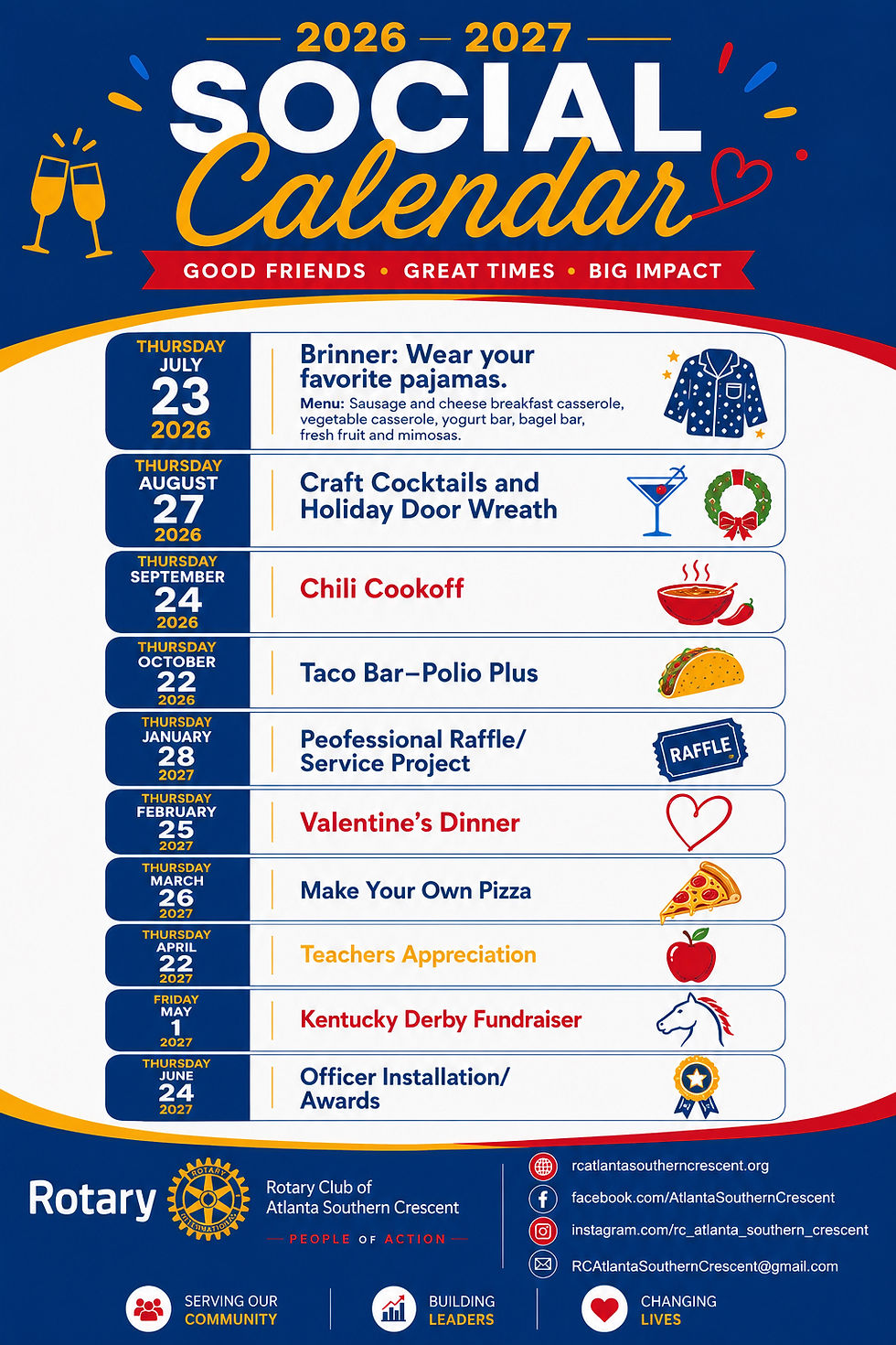 Rotary Club of Atlanta Southern Crescent Unveils an Exciting 2026–2027 Social Calendar Focused on Fellowship, Service, and Community