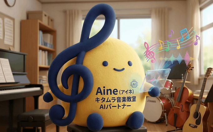 タブレットを持ってちょこんと座る、キタムラ音楽教室のAI分析担当キャラクター「アイネ」