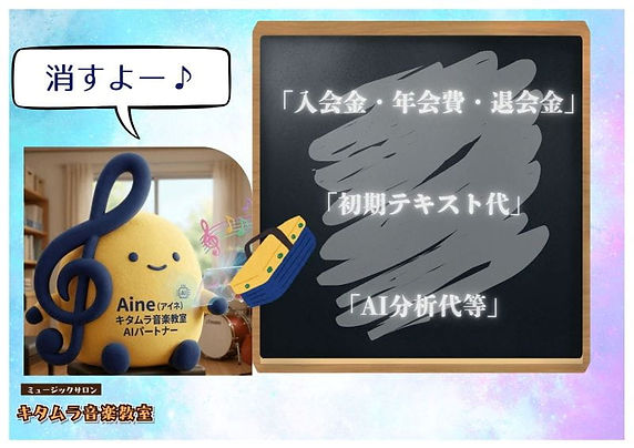 入会金・年会費・退会金・初期テキスト代・AI分析代等と書かれた黒板を消すよー♪とニコニコしているアイネ