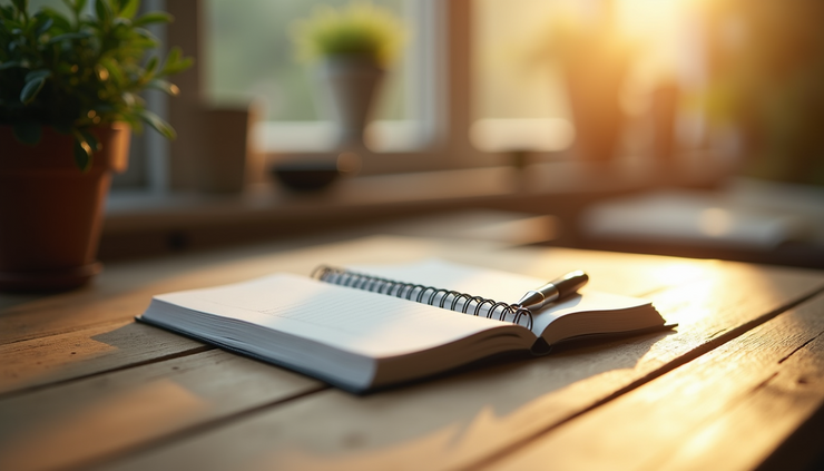Eye-level view of a journal and pen on a wooden table with morning sunlight