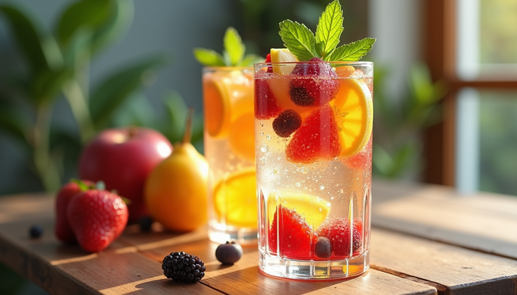 Eye-level view of a colorful assortment of fresh fruit-infused sparkling water in clear glasses on a wooden table