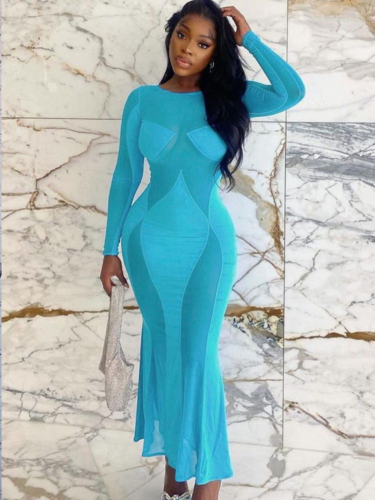 Thumbnail: Solid Color O-Neck Slim Fit Maxi Dress for Women Y2K Casual Summer Style