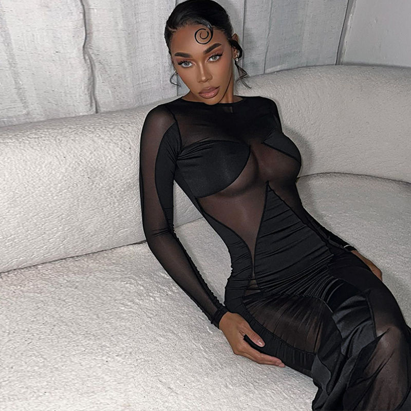 Thumbnail: Solid Color O-Neck Slim Fit Maxi Dress for Women Y2K Casual Summer Style