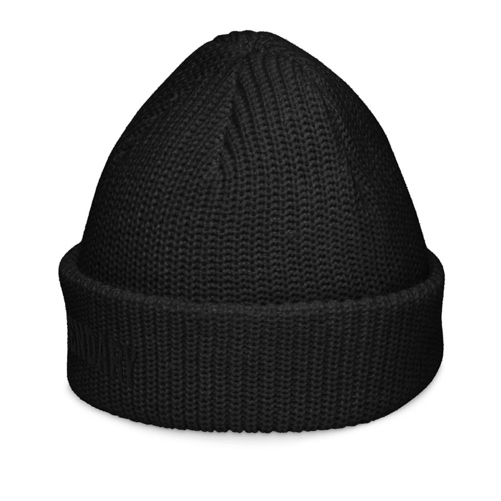 Thumbnail: Close-up of a black knit beanie hat, displayed on a white background.
