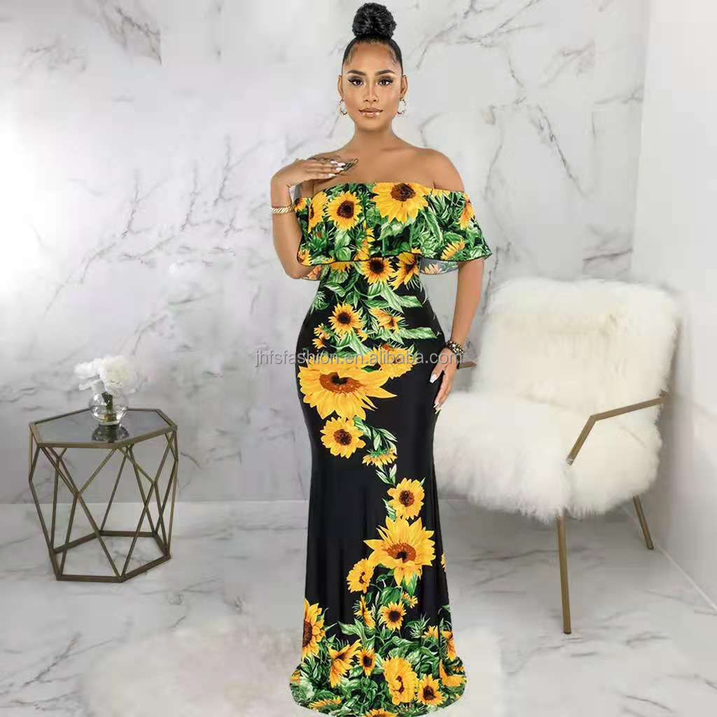 Off Shoulder Floral Print Maxi Dress Sunflower Boho Summer Gown