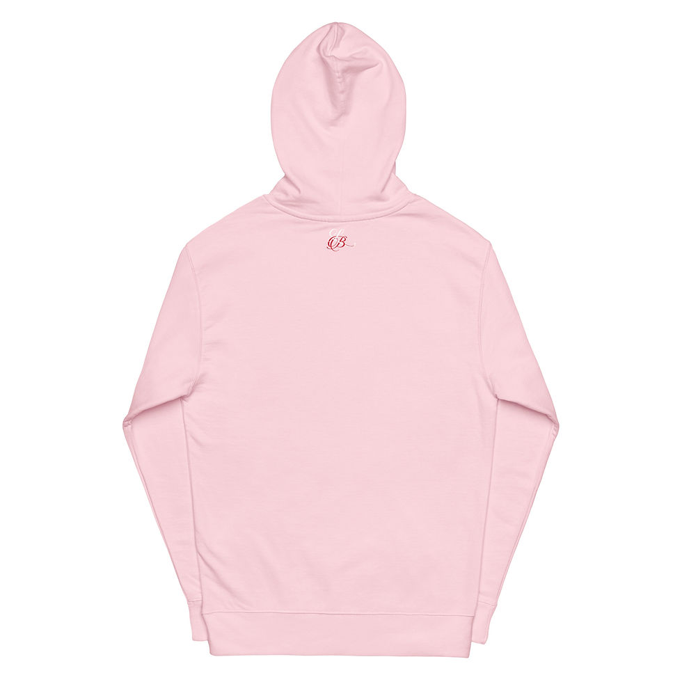 Thumbnail: Back view of a pink hoodie with a small logo on the back.