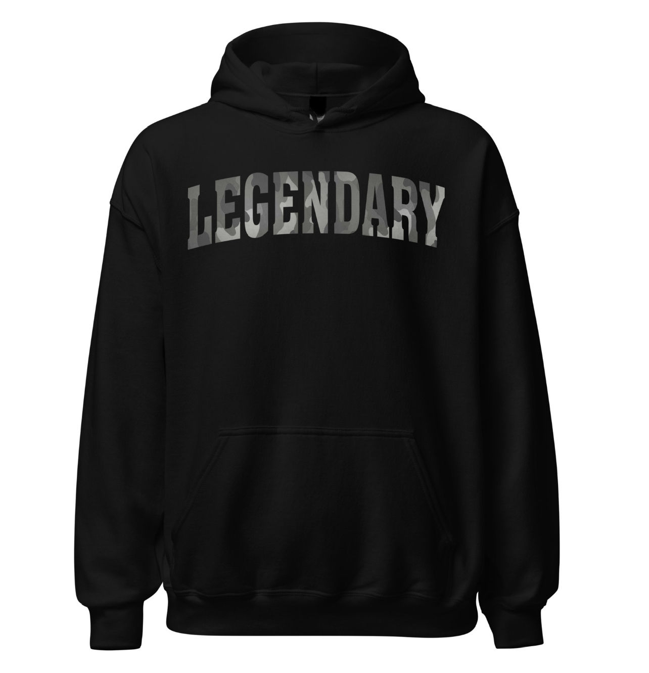 Black hoodie with the word LEGENDARY across the chest in Grey Camo Print