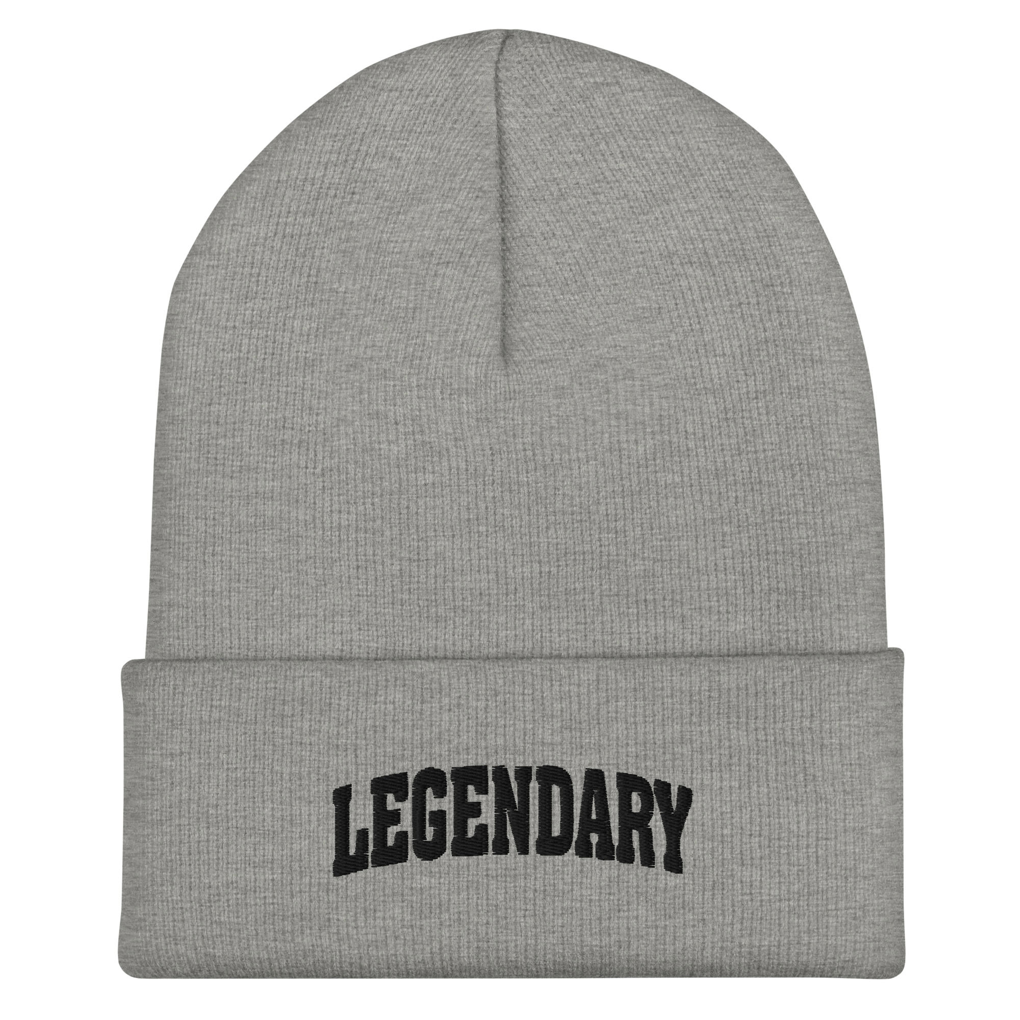 Gray beanie with the word LEGENDARY embroidered across the front.