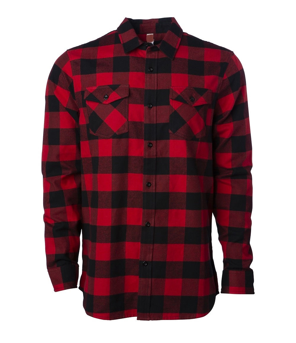Red and black plaid button-up shirt isolated on a white background.