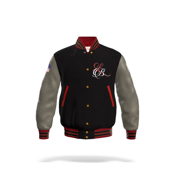 Thumbnail: Black LB varsity jacket with gray sleeves, red accents. Legendary Bosses Varsity Jacket.