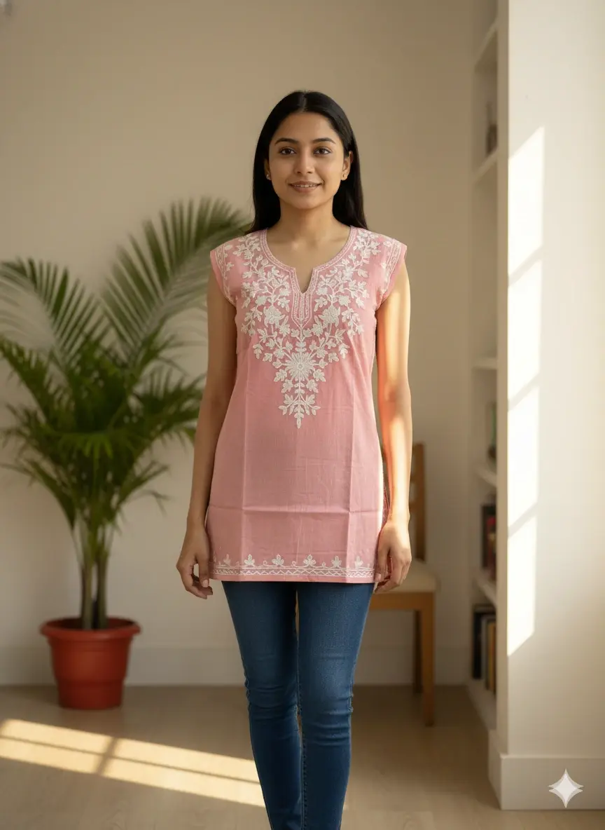 Peach & White Chikan Cotton Kurti