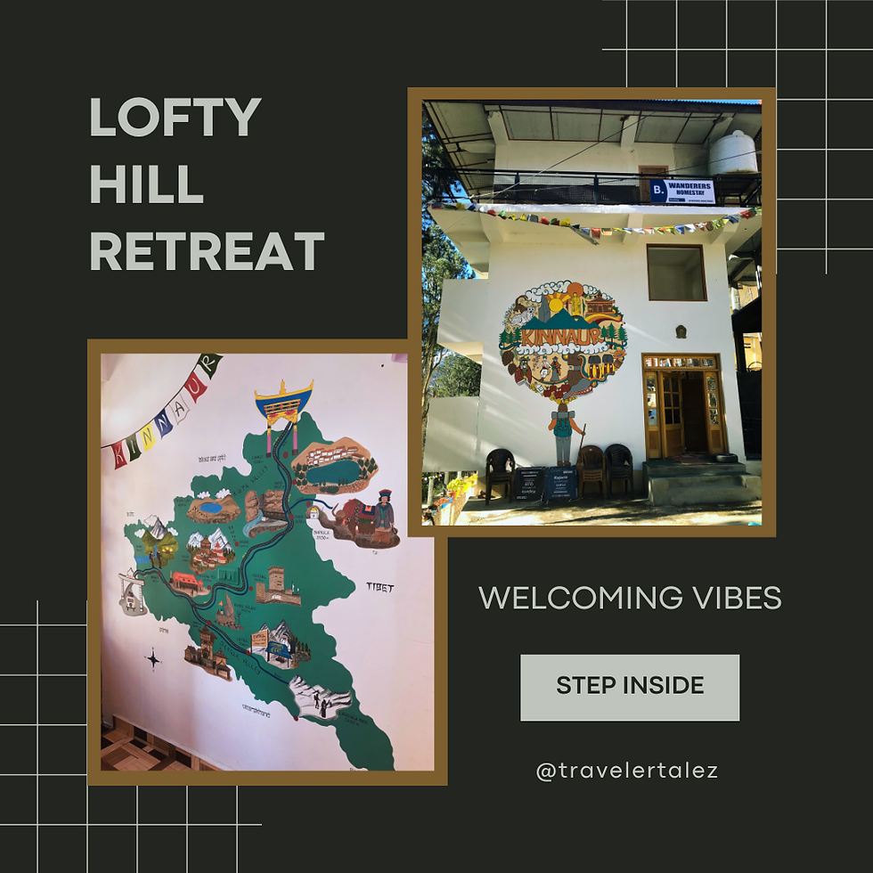 A gravel driveway slopes down to a spacious open courtyard bordered by a four-story white building built into the hillside; prayer flags flutter overhead, pine trees rise behind the homestay, and a beige reception wall displays colorful maps of Kinnaur district.