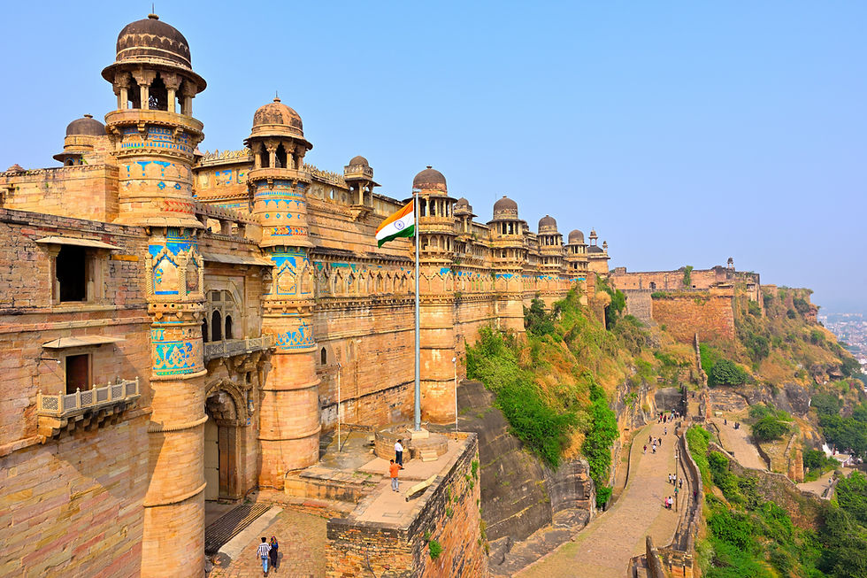 anoramic view of the ancient Gwalior Fort with its golden sandstone walls, blue details, and the Indian flag flying high under a clear sky.
