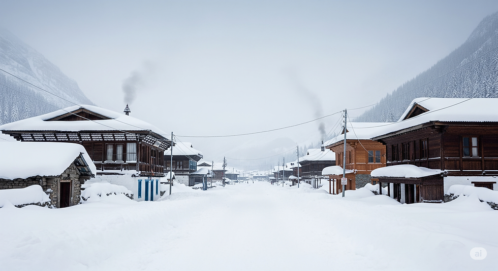 A cinematic view of Chitkul village in deep winter with empty, snow-covered streets and traditional wooden houses, generated by Gemini AI.