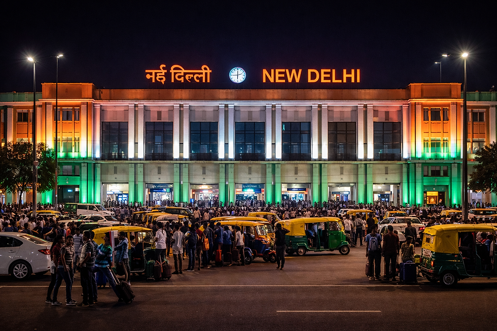 New Delhi Railway Station facade at night with tricolour lighting and evening crowds outside the main entrance. ChatGPT AI image
