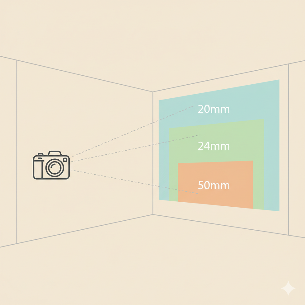 Diagram showing a camera in a room and comparing the field of view for 50mm, 24mm, and 20mm focal lengths. Google AI image.