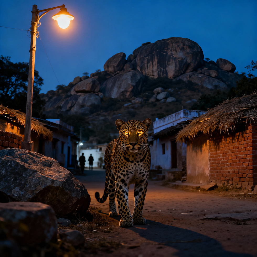 Leopard with glowing golden eyes at night near village homes and granite hills in Jawai, Rajasthan, symbolising human leopard coexistence