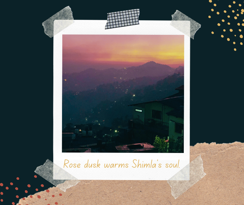 View of Shimla’s hills at dusk with rose and gold skies fading into twilight, scattered city lights twinkling below rooftops, foreground hints of hillside homes.