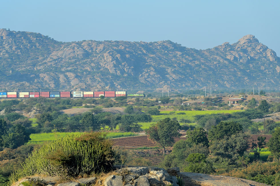 Double-stacked container train moves past green fields, dwarfed by granite mountains in Jawai, Rajasthan.