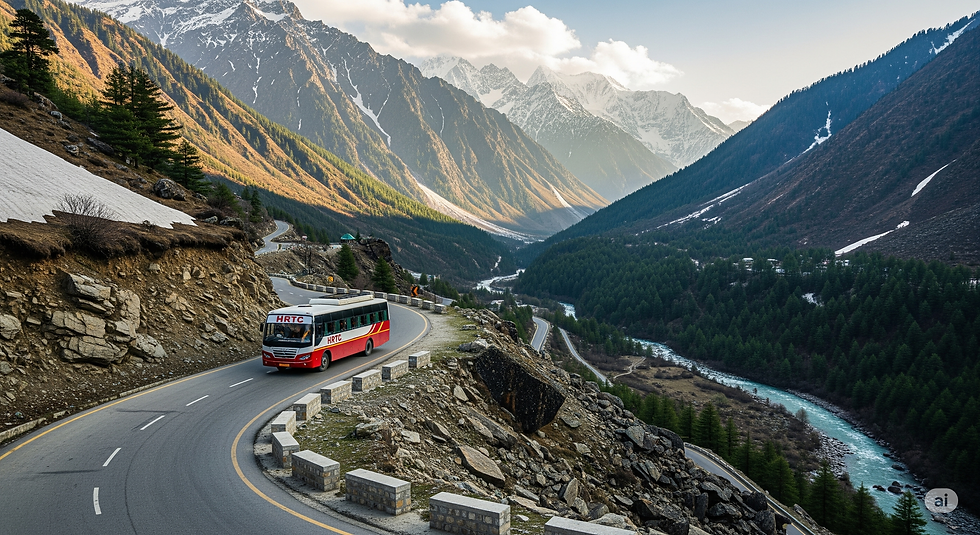 A red and white HRTC bus on a winding mountain road in the Baspa valley, with snow-capped peaks in the distance, generated by Gemini AI.