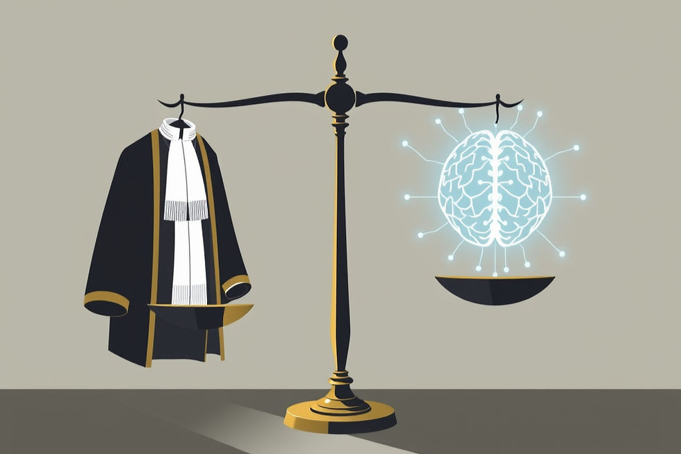 A scale with a legal robe on one side and a glowing brain on the other, symbolizing law and technology. Neutral background.