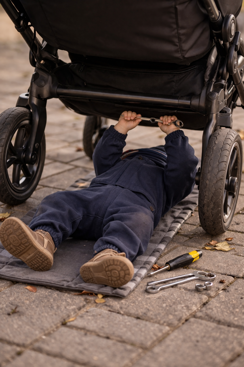 Toddler inspecting a pushchair with tools