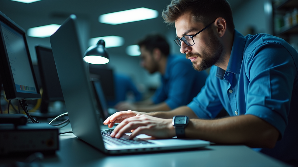 Eye-level view of a computer technician inspecting a laptop inside a repair shop