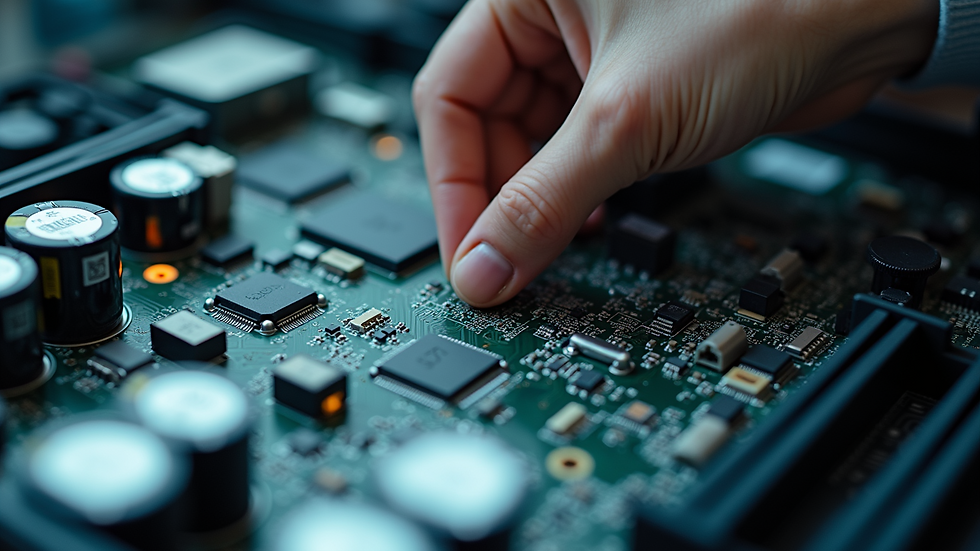 High angle view of a technician repairing a laptop motherboard