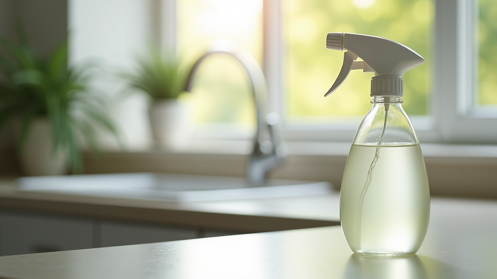 Close-up view of a spray bottle with natural cleaning solution on a countertop