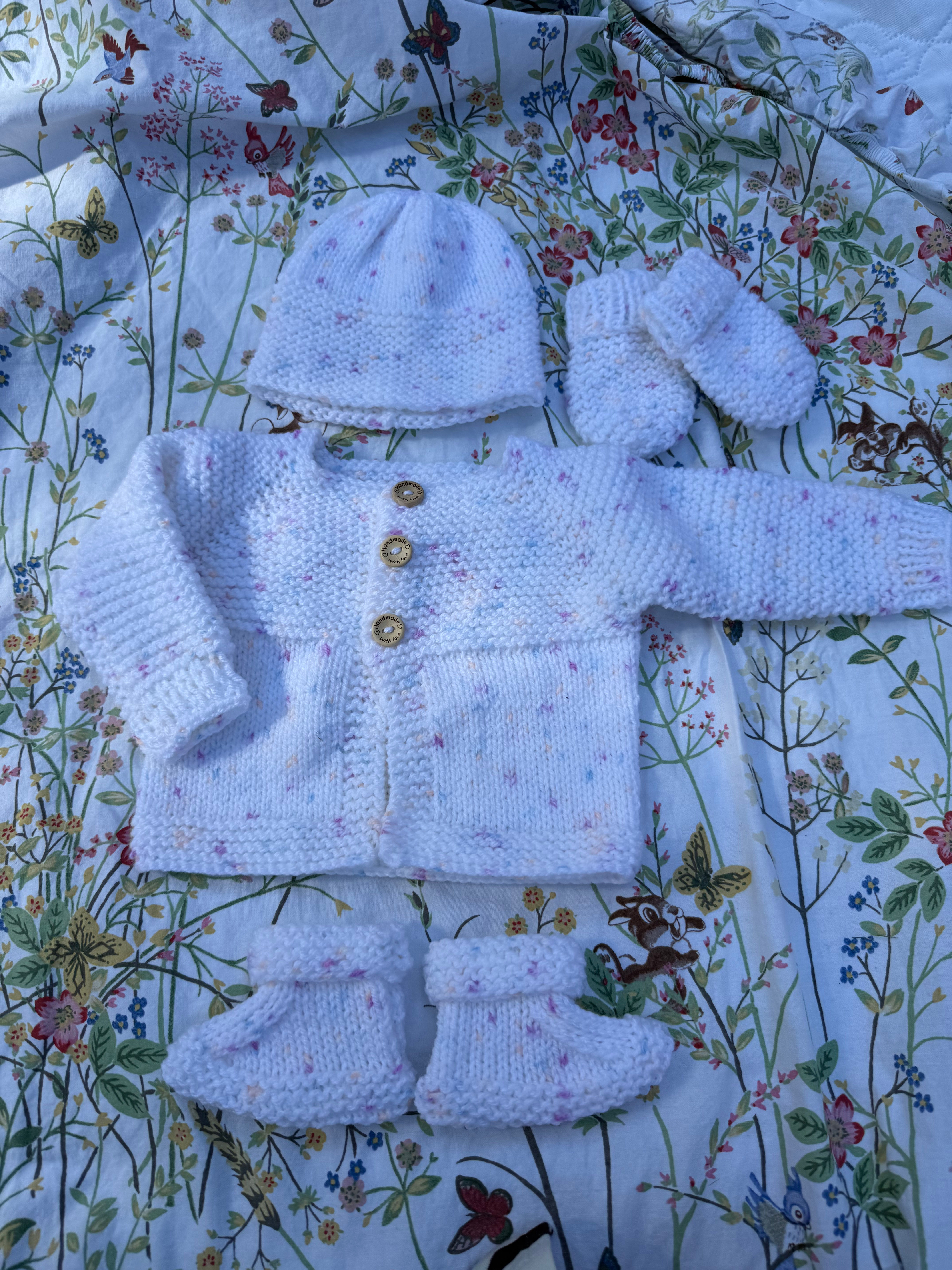 Hand knitted Cardigan, hat and booties 0-3months