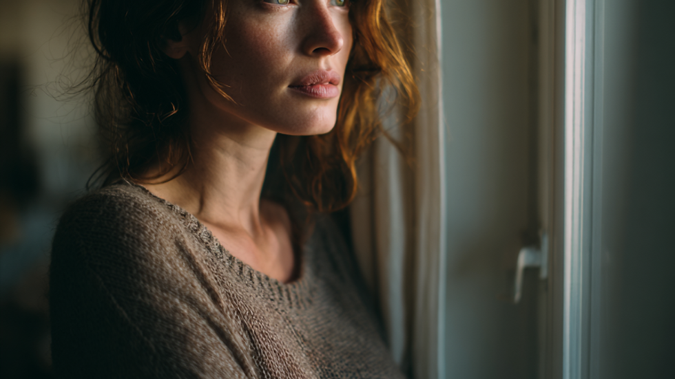 A woman staring out of a window, seeming to have a lot on her mind.