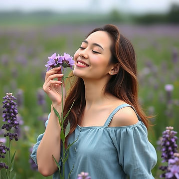 A woman smelling flowers and looking happy.