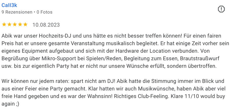 Google 5 Sterne Hochzeits-DJ Abik aus Köln NRW