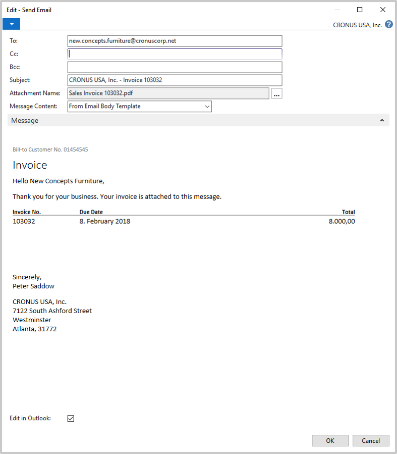 Урнек за праќање на фактура по email