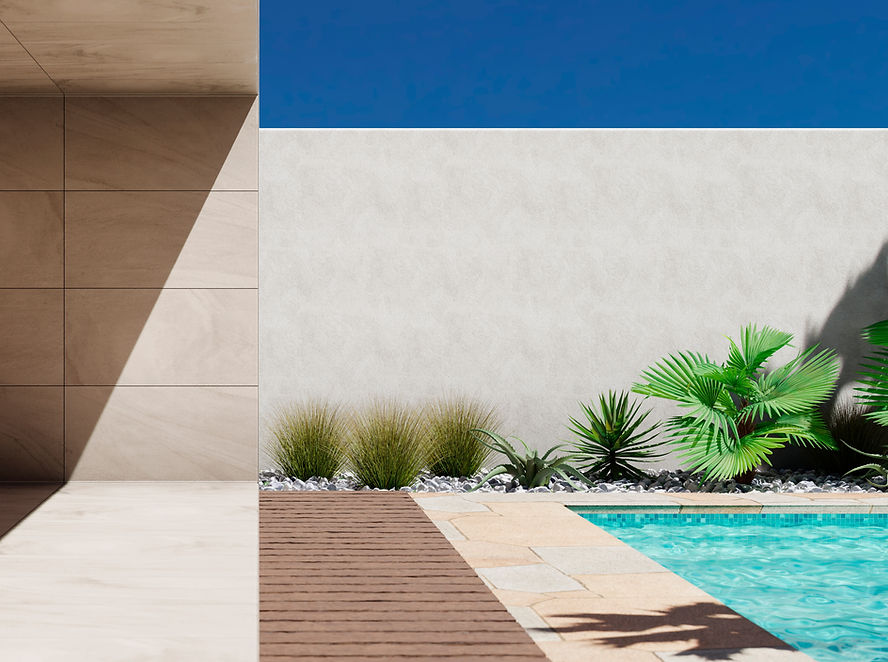 Tropical garden and swimming pool in modern luxury vacation house Desert architecture desi