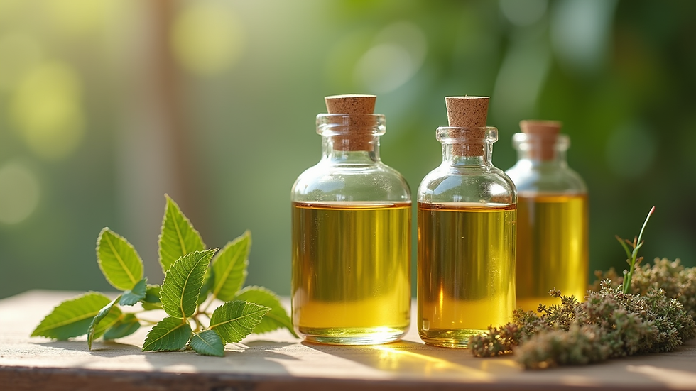Close-up view of natural plant oils in glass bottles