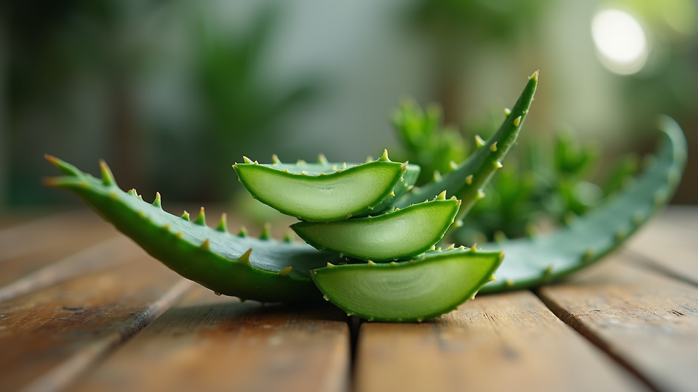 Eye-level view of fresh aloe vera leaves on a wooden table