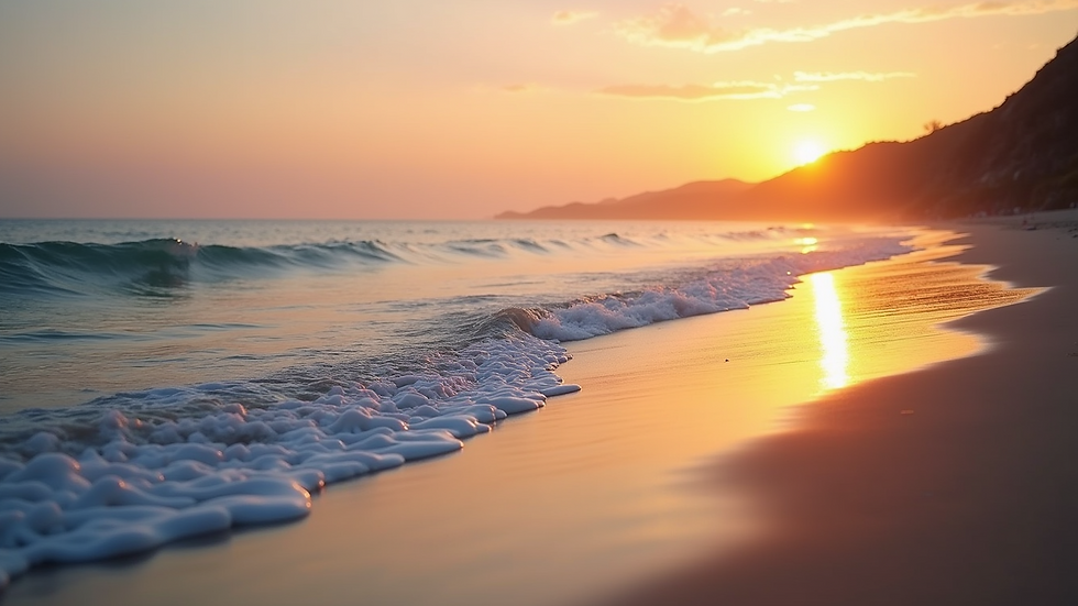 Wide angle view of a serene beach at sunset