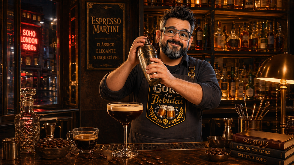 "Guru das Bebidas preparando espresso martini com licor de café caseiro