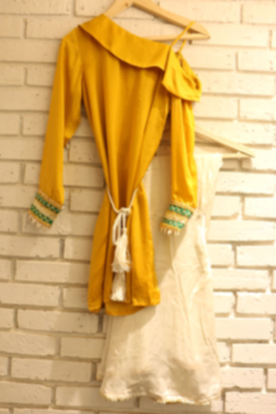 Drop Shoulder Ochre Yellow Top with Ivory High Low Pant & Belt